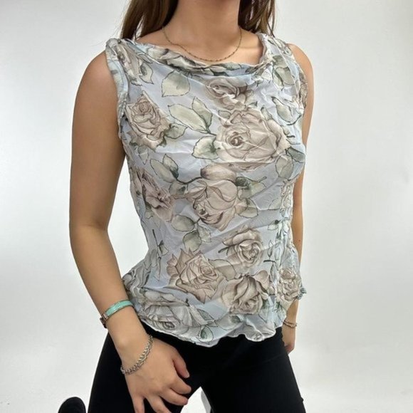 Late 90s Flora Silk Cowl Neck Tank Top - Picture 1 of 6